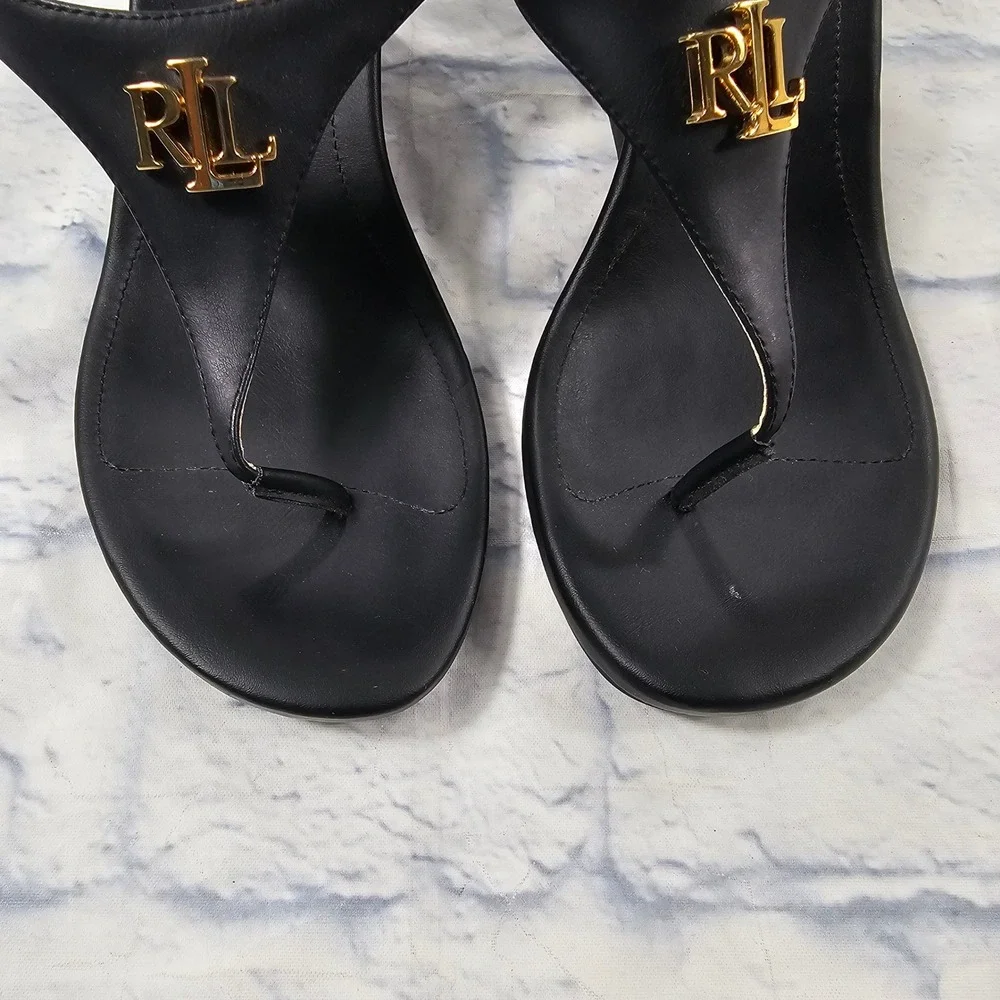 Lauren Ralph Lauren Jeannie Wedge Sandals Women 7 B Black Gold RL Thong Heels